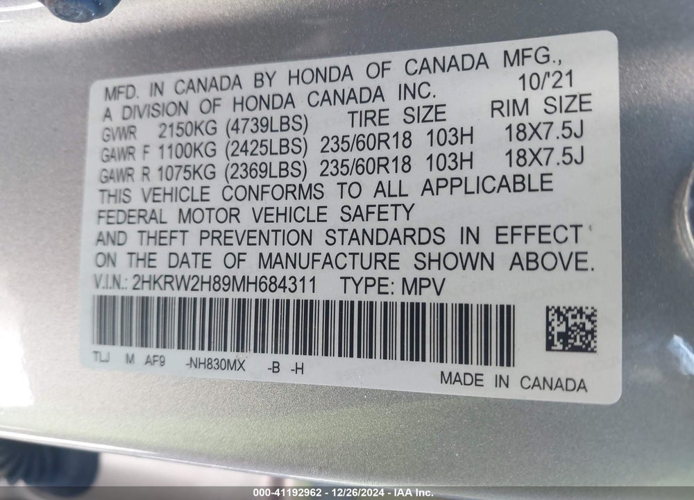 2021 HONDA CR-V AWD EX-L VIN: 2HKRW2H89MH684311