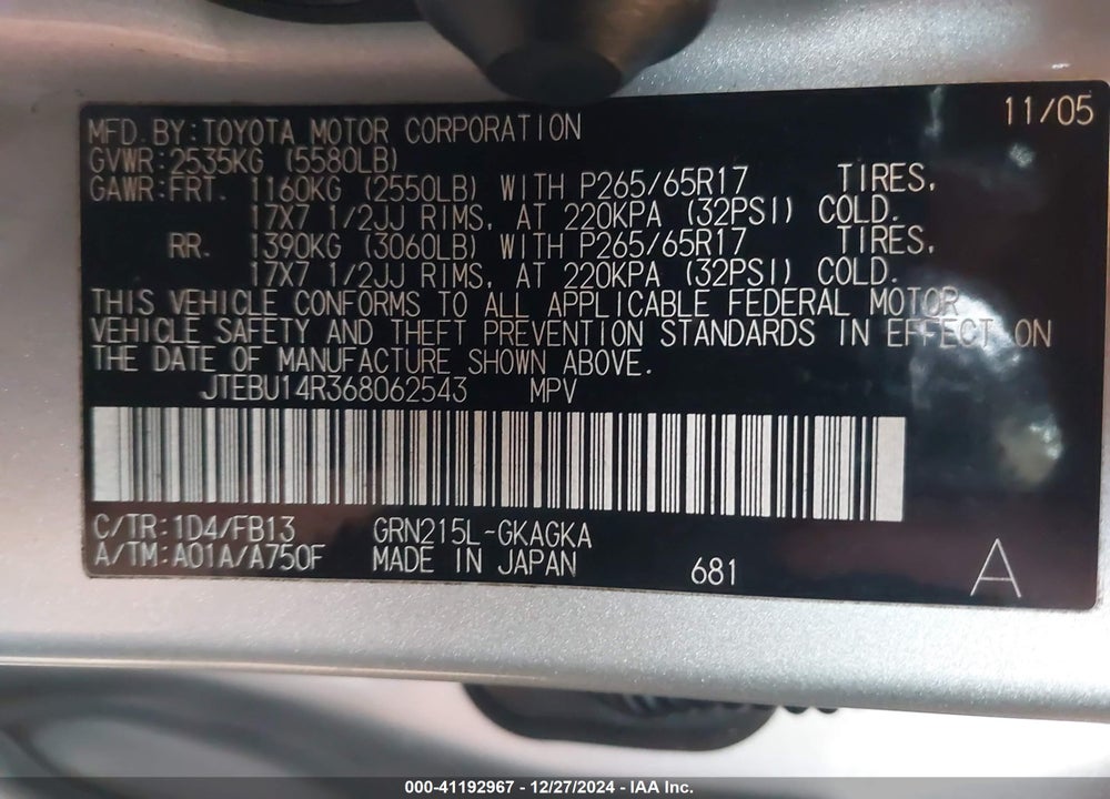 2006 TOYOTA 4RUNNER SR5 SPORT V6 VIN: JTEBU14R368062543