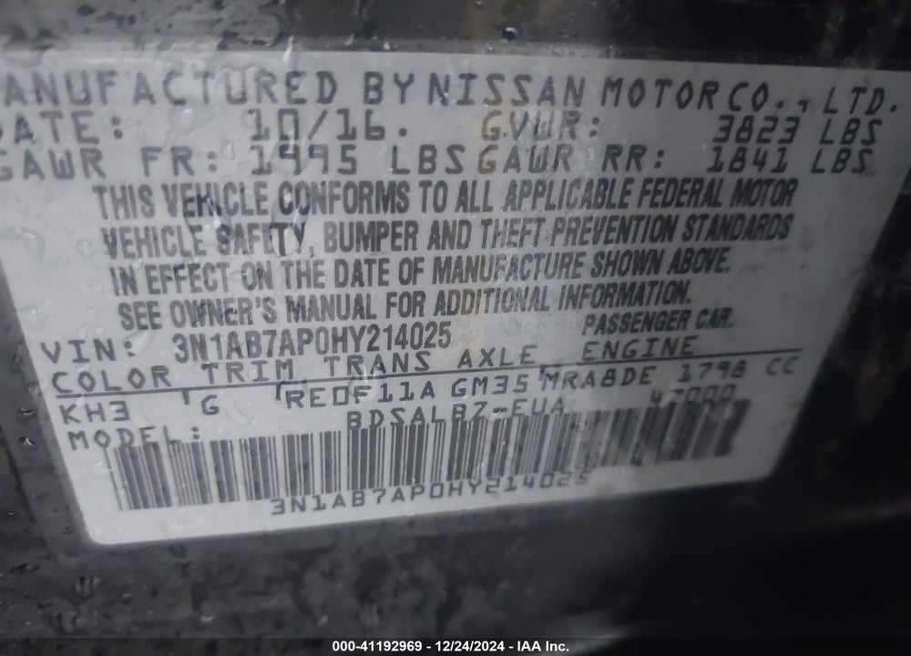 2017 NISSAN SENTRA VIN: 3N1AB7AP0HY214025