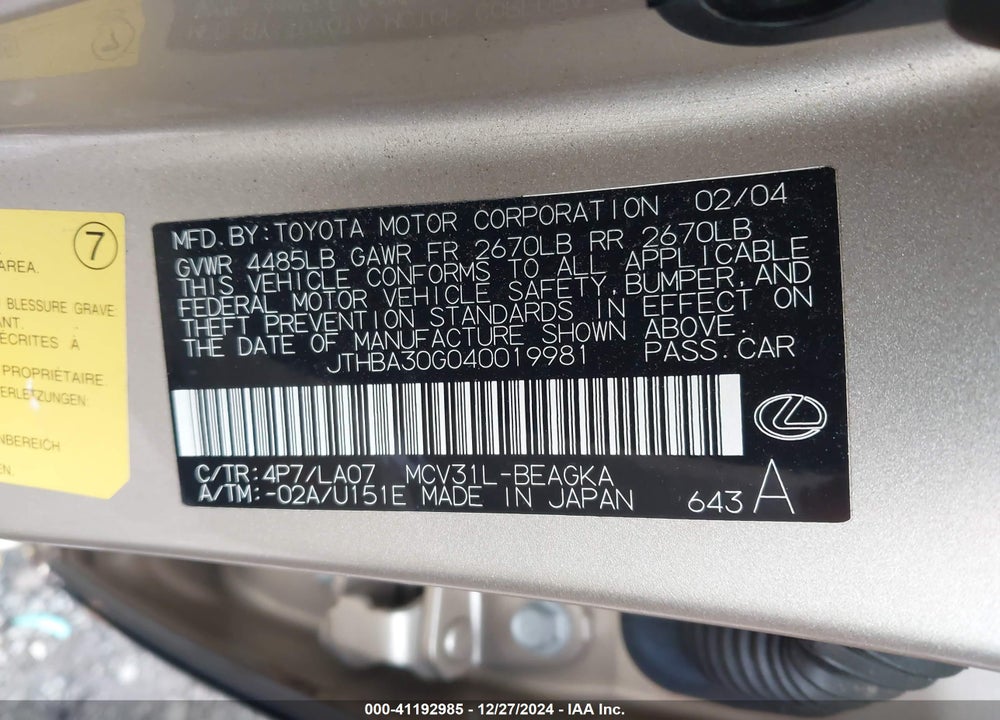 2004 LEXUS ES 330 VIN: JTHBA30G040019981
