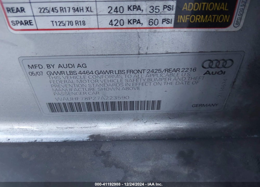 2007 AUDI A3 2.0T VIN: WAUHF78P27A223590