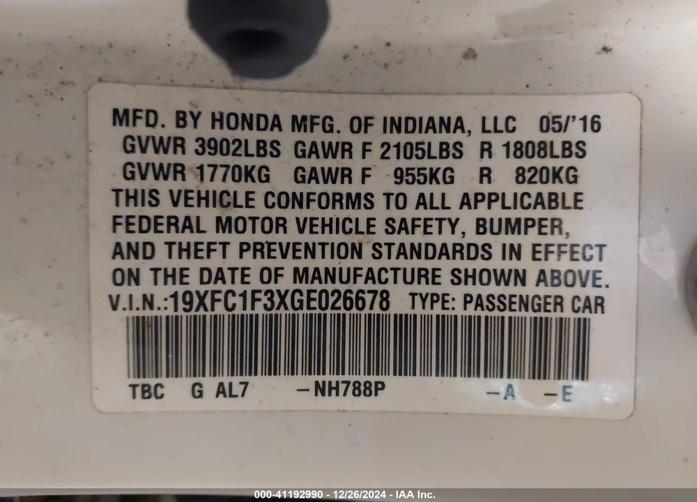 2016 HONDA CIVIC EX-T VIN: 19XFC1F3XGE026678