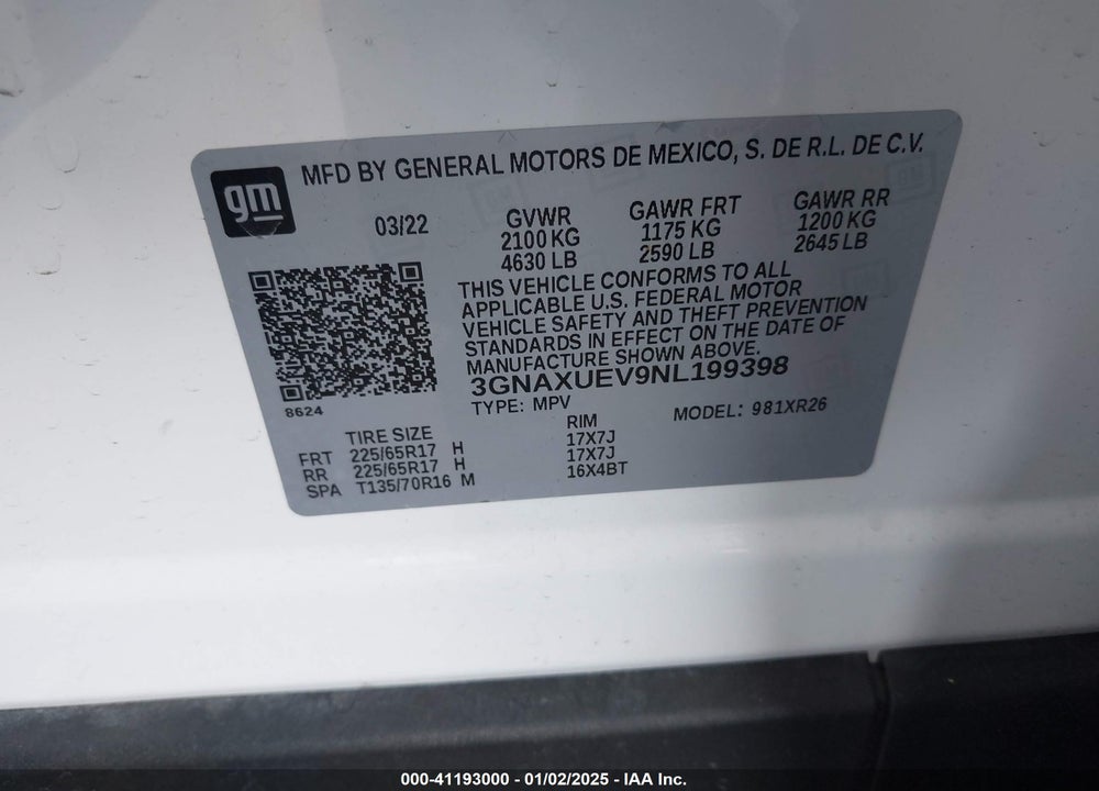 2022 CHEVROLET EQUINOX VIN: 3GNAXUEV9NL199398