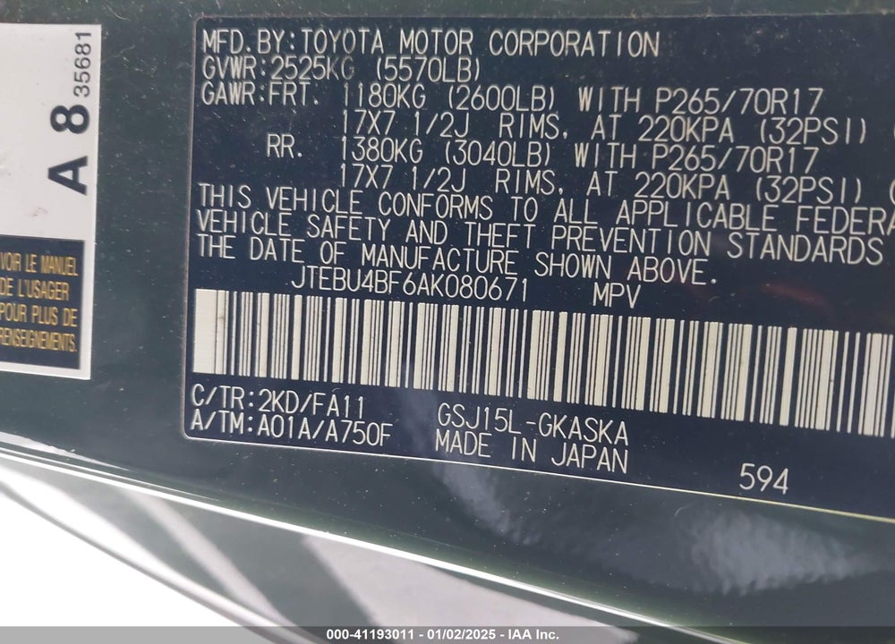 2010 TOYOTA FJ CRUISER VIN: JTEBU4BF6AK080671