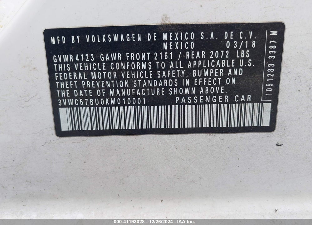 2019 VOLKSWAGEN JETTA 1.4T R-LINE/1.4T S/1.4T SE VIN: 3VWC57BU0KM010001