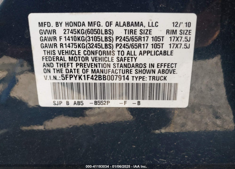 2011 HONDA RIDGELINE VIN: 5FPYK1F42BB007914
