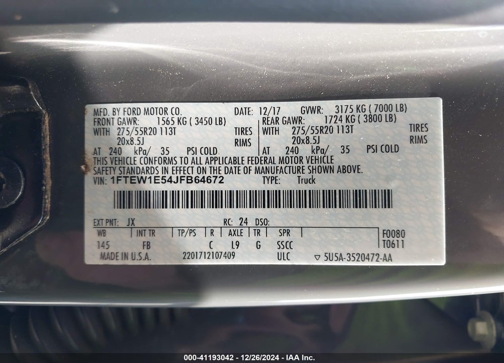 2018 FORD F150 VIN: 1FTEW1E54JFB64672