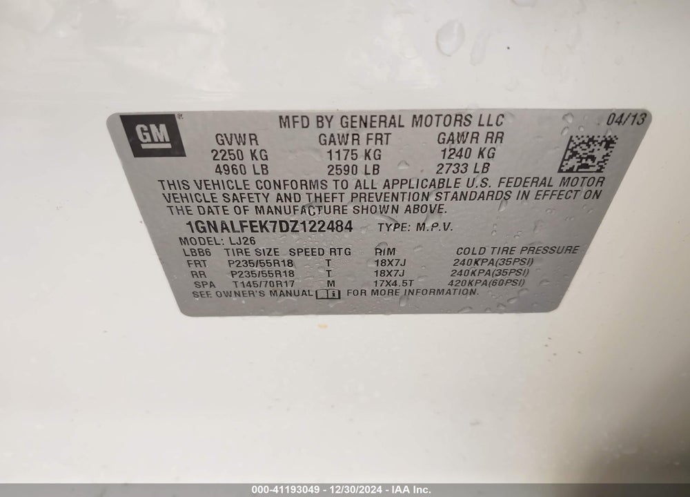2013 CHEVROLET EQUINOX LTZ VIN: 1GNALFEK7DZ122484