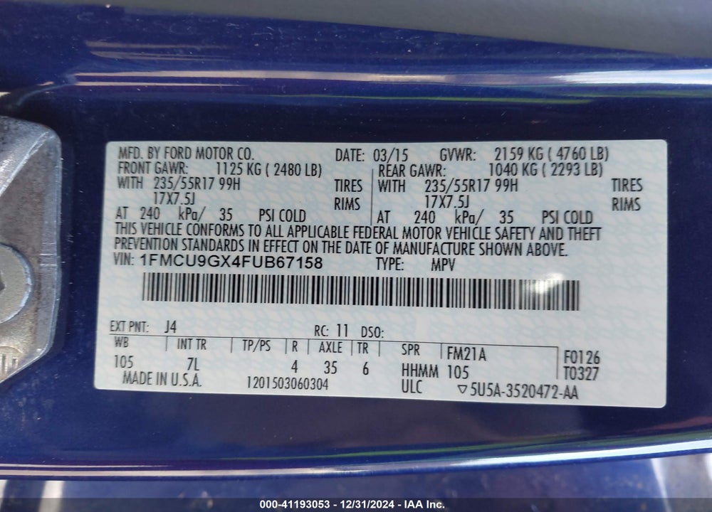 2015 FORD ESCAPE SE VIN: 1FMCU9GX4FUB67158