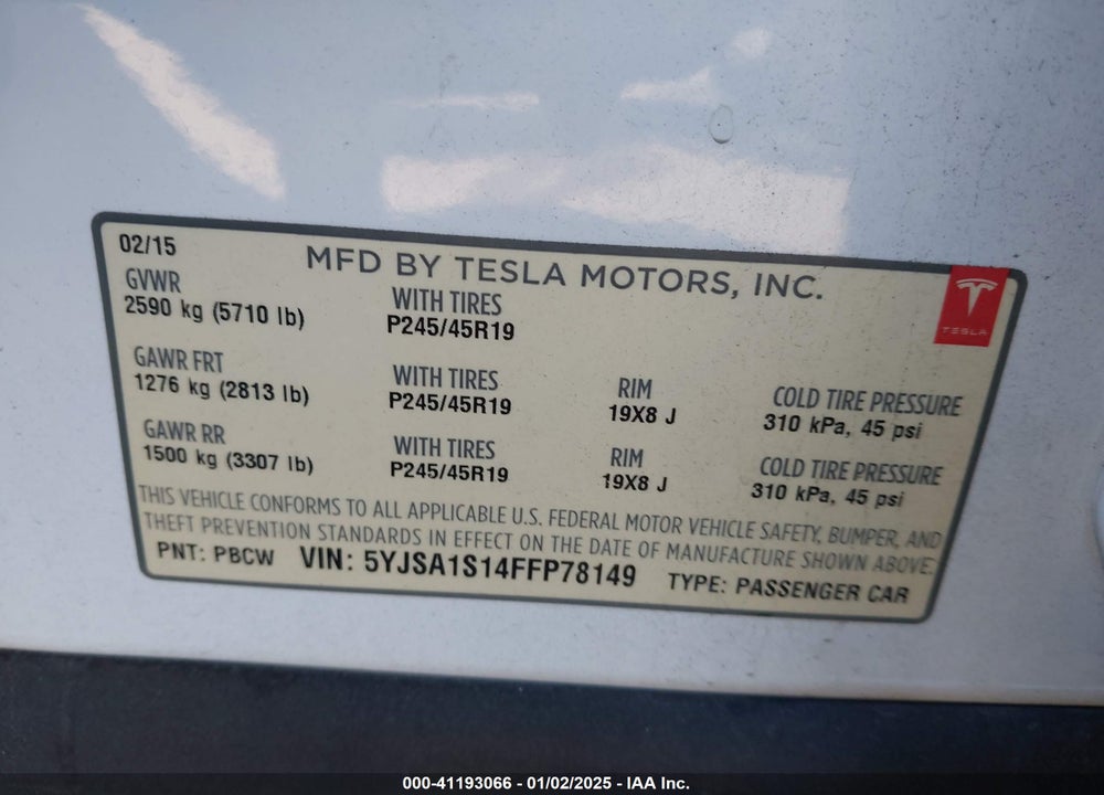 2015 TESLA MODEL S VIN: 5YJSA1S14FFP78149