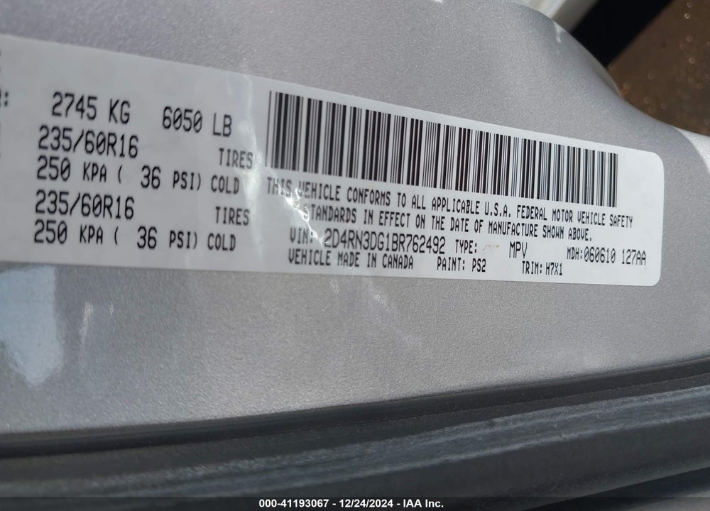 2011 DODGE GRAND CARAVAN MAINSTREET VIN: 2D4RN3DG1BR762492