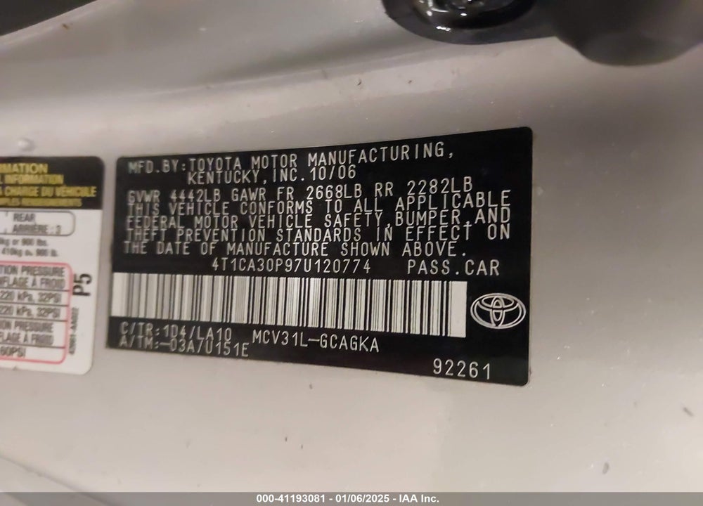 2007 TOYOTA CAMRY SOLARA SLE V6 VIN: 4T1CA30P97U120774