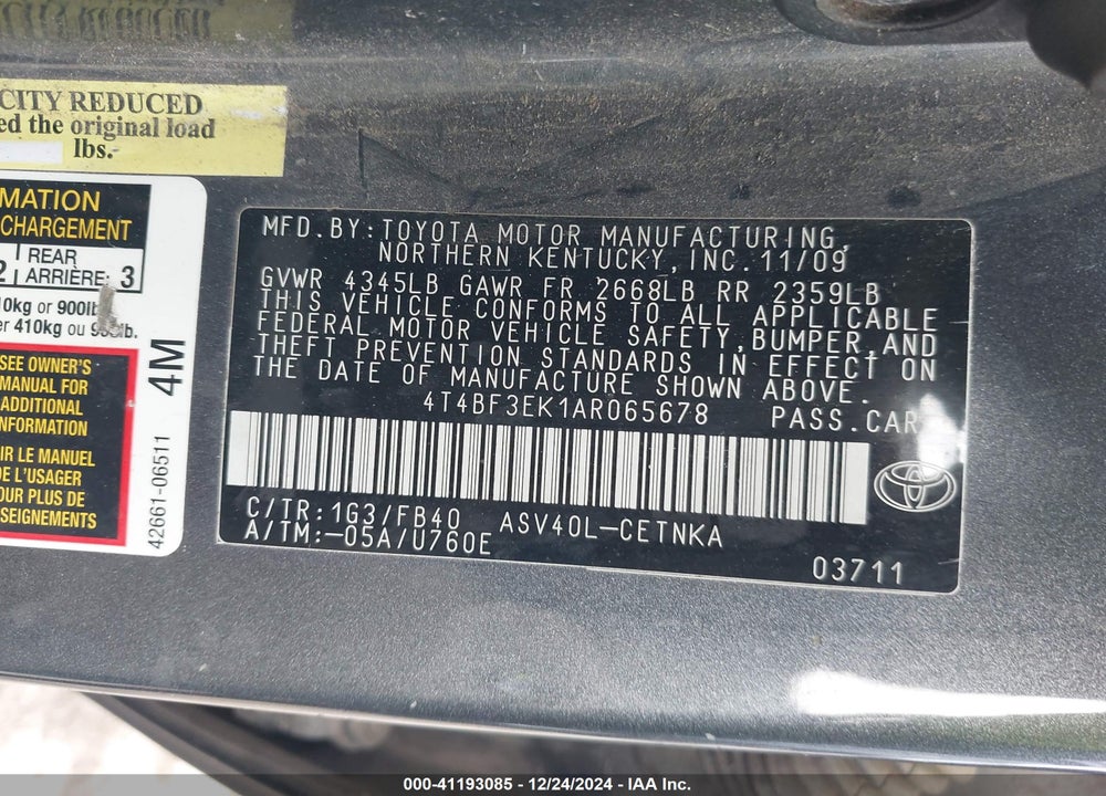 2010 TOYOTA CAMRY LE VIN: 4T4BF3EK1AR065678