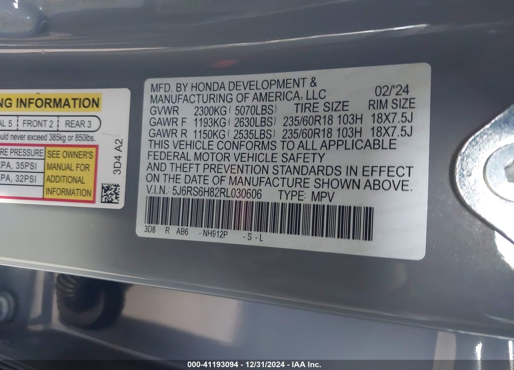 2024 HONDA CR-V HYBRID SPORT-L VIN: 5J6RS6H82RL030606