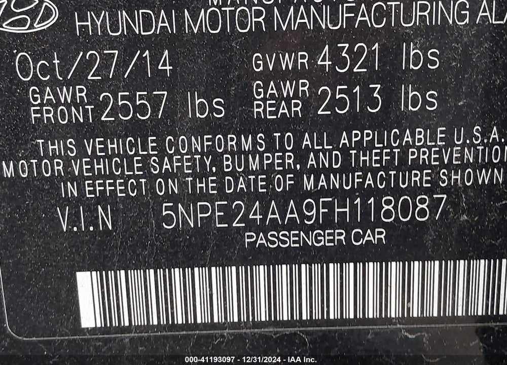 2015 HYUNDAI SONATA ECO VIN: 5NPE24AA9FH118087