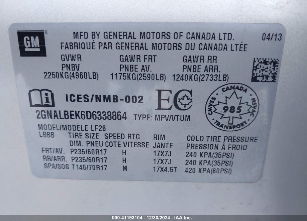 2013 CHEVROLET EQUINOX LS VIN: 2GNALBEK6D6338864