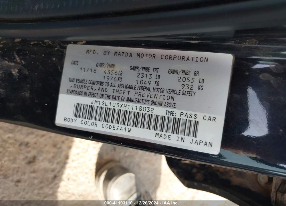 2017 MAZDA 6 VIN: JM1GL1U5XH1118032