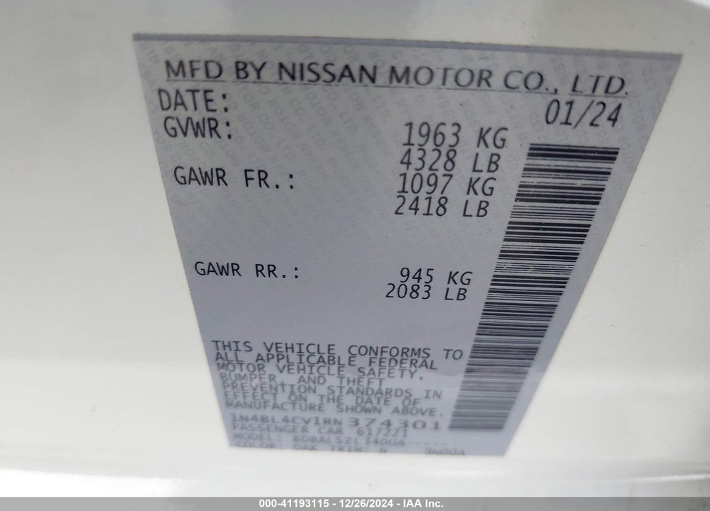 2024 NISSAN ALTIMA SR FWD VIN: 1N4BL4CV1RN374301