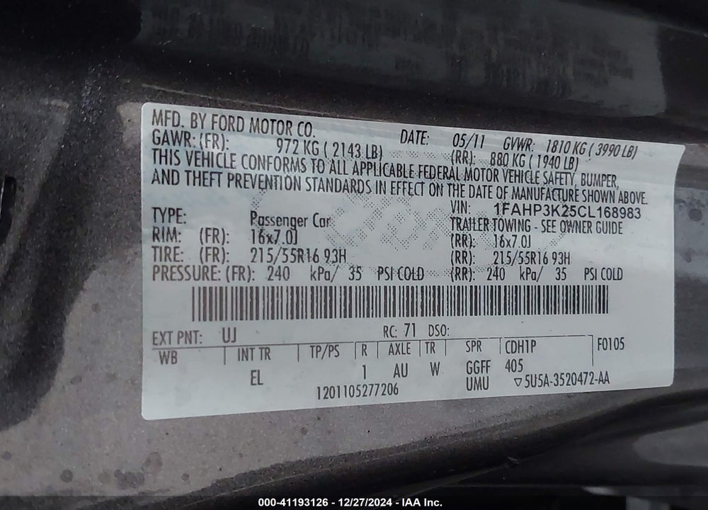 2012 FORD FOCUS SE VIN: 1FAHP3K25CL168983