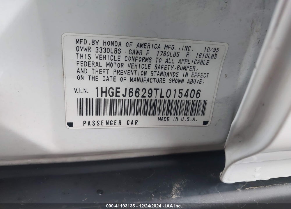 1996 HONDA CIVIC DX VIN: 1HGEJ6629TL015406