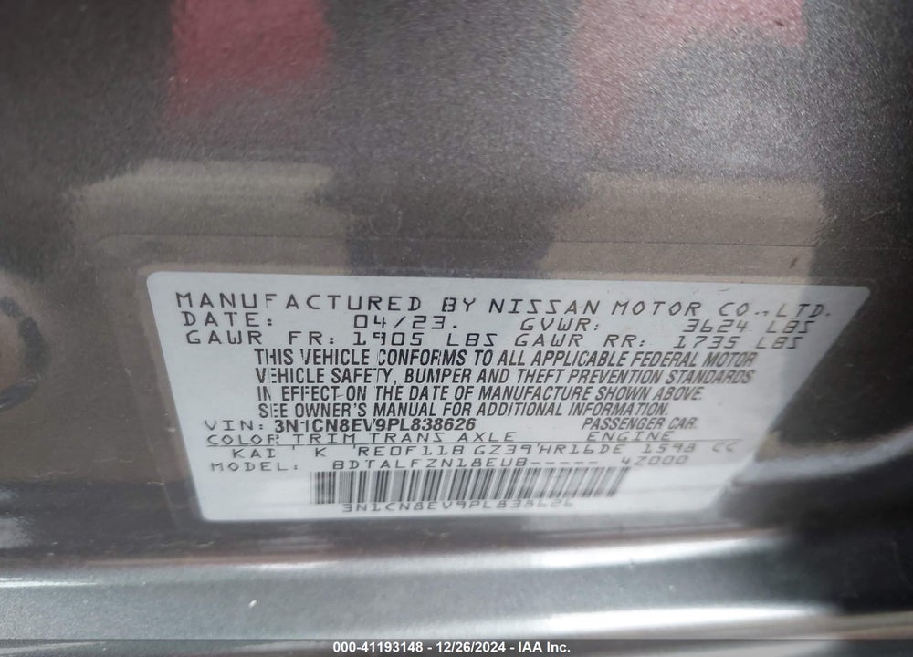 2023 NISSAN VERSA 1.6 SV XTRONIC CVT VIN: 3N1CN8EV9PL838626