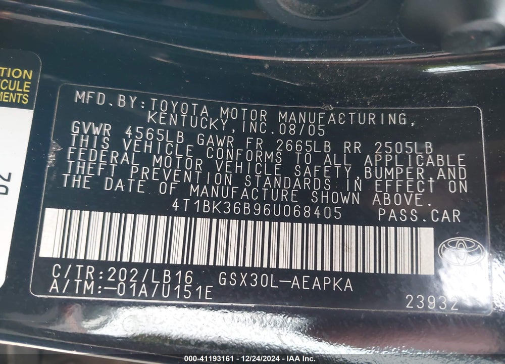 2006 TOYOTA AVALON LIMITED VIN: 4T1BK36B96U068405