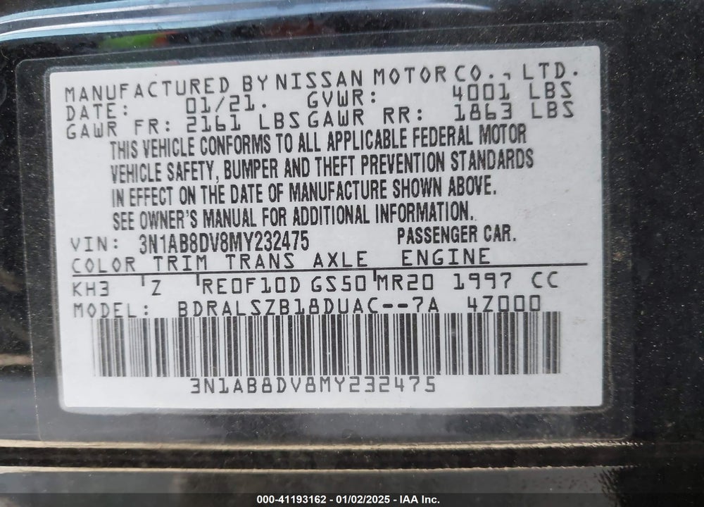 2021 NISSAN SENTRA VIN: 3N1AB8DV8MY232475