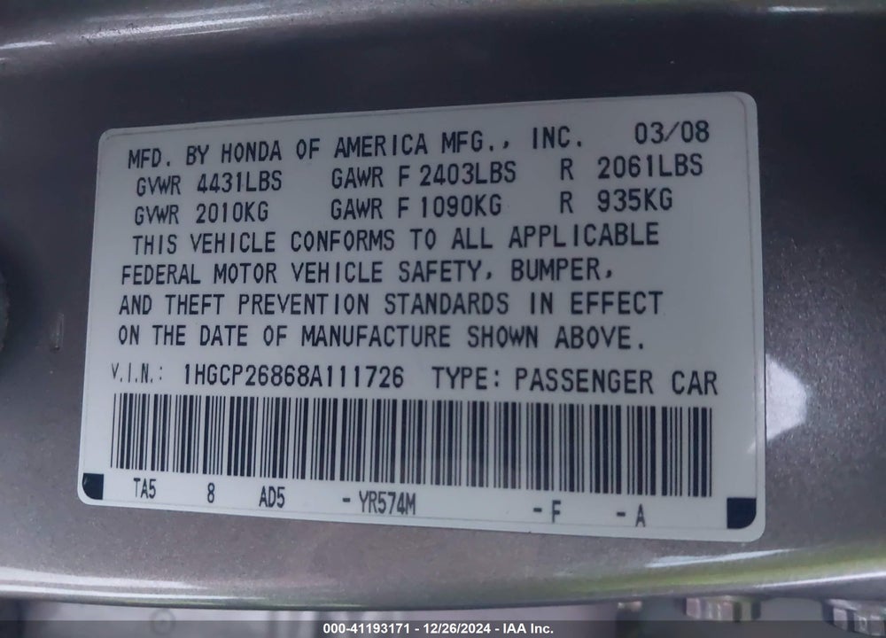 2008 HONDA ACCORD 2.4 EX-L VIN: 1HGCP26868A111726