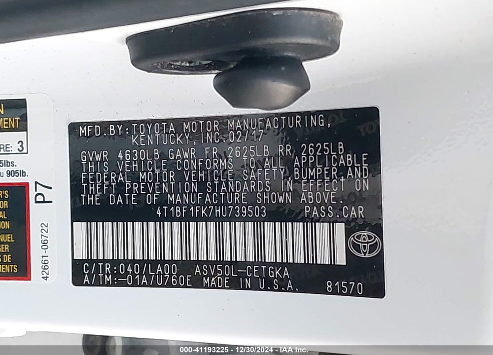 2017 TOYOTA CAMRY XLE VIN: 4T1BF1FK7HU739503