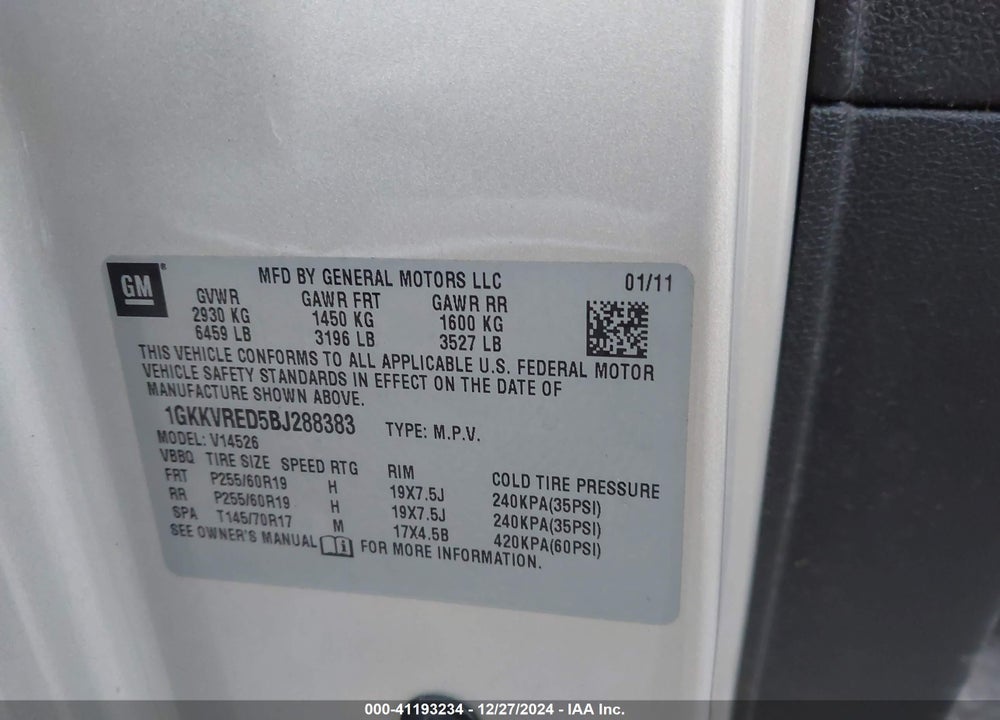 2011 GMC ACADIA SLT-1 VIN: 1GKKVRED5BJ288383