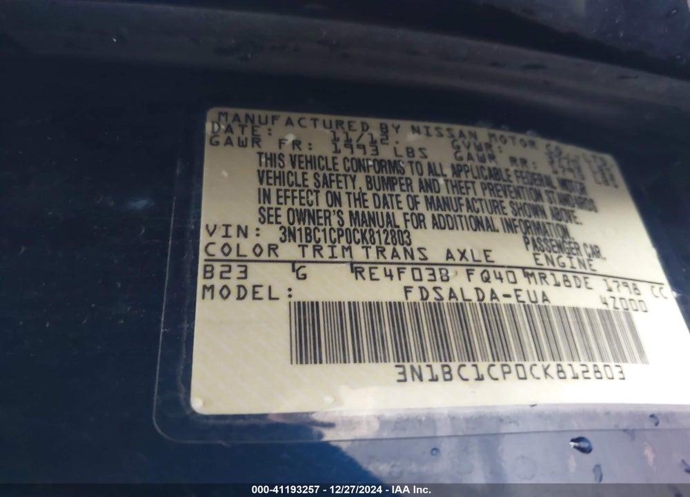 2012 NISSAN VERSA 1.8 S VIN: 3N1BC1CP0CK812803