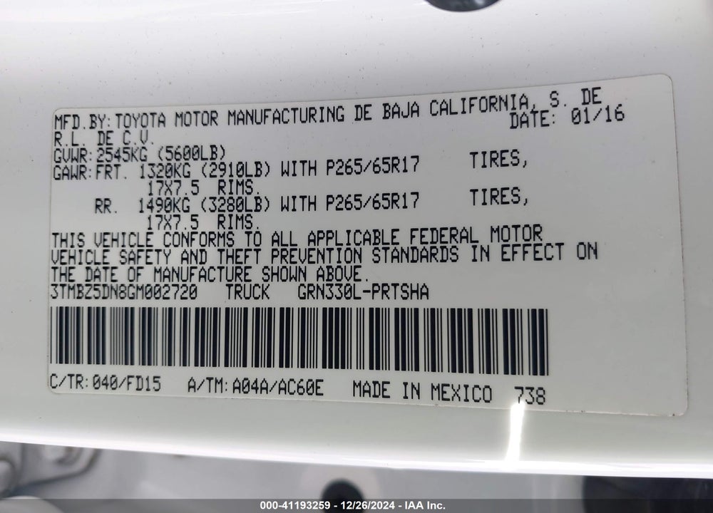 2016 TOYOTA TACOMA TRD SPORT VIN: 3TMBZ5DN8GM002720