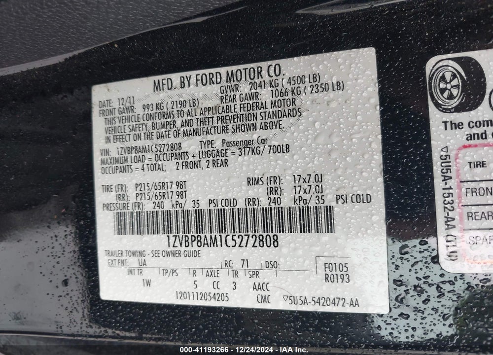 2012 FORD MUSTANG V6 VIN: 1ZVBP8AM1C5272808