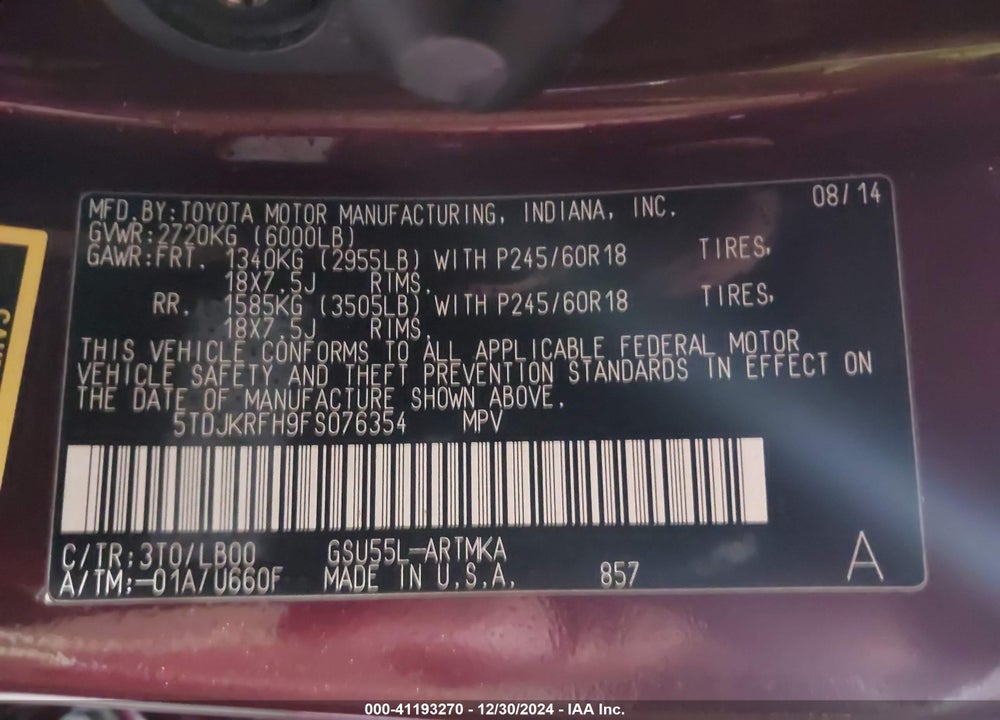 2015 TOYOTA HIGHLANDER XLE V6 VIN: 5TDJKRFH9FS076354