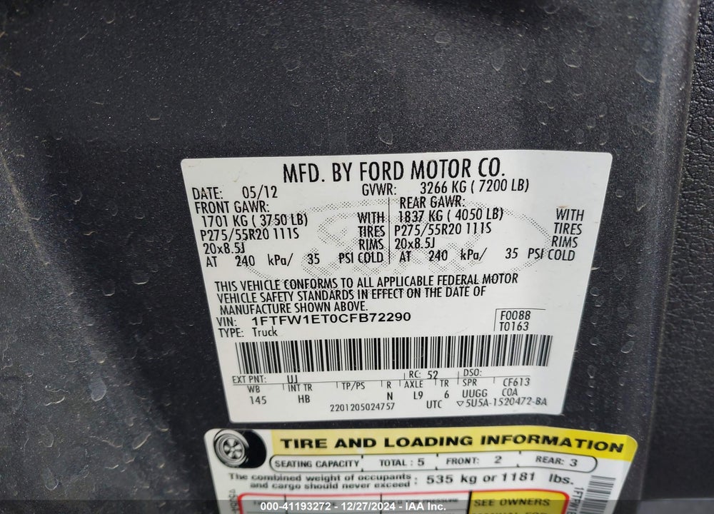 2012 FORD F150 VIN: 1FTFW1ET0CFB72290