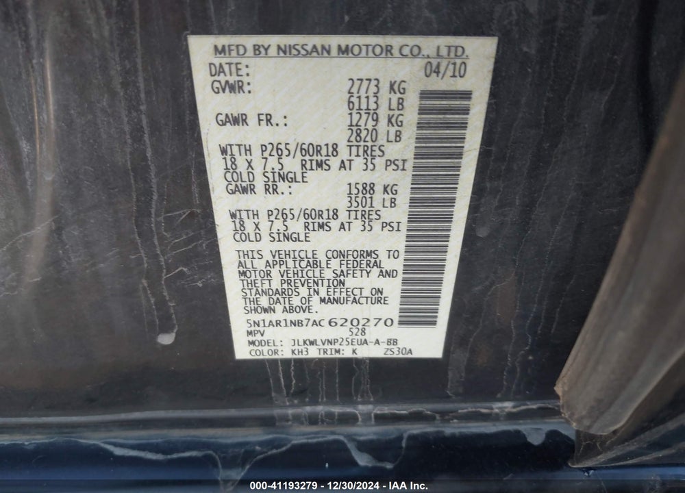 2010 NISSAN PATHFINDER LE VIN: 5N1AR1NB7AC620270