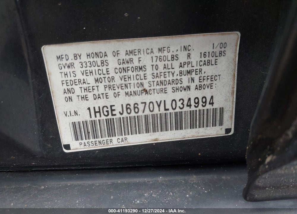 2000 HONDA CIVIC LX VIN: 1HGEJ6670YL034994
