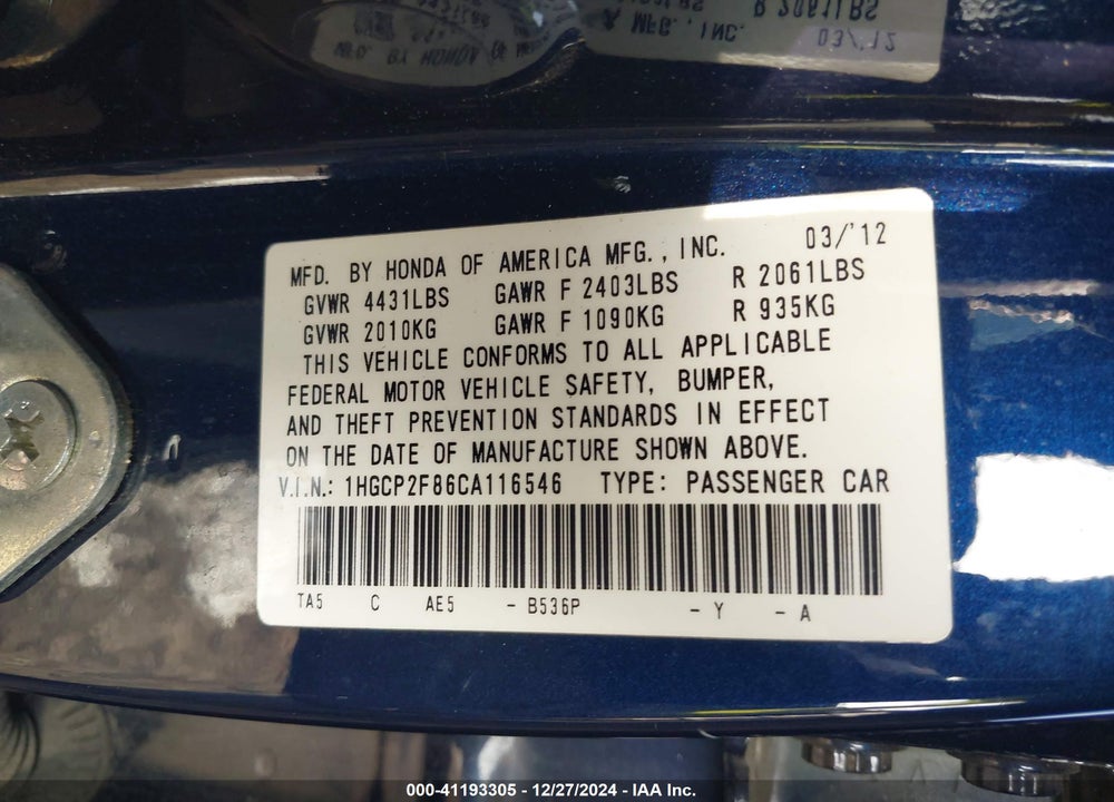 2012 HONDA ACCORD 2.4 EX-L VIN: 1HGCP2F86CA116546