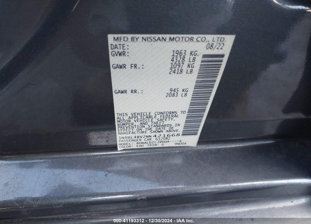 2022 NISSAN ALTIMA 2.5 S VIN: 1N4BL4BV2NN421668