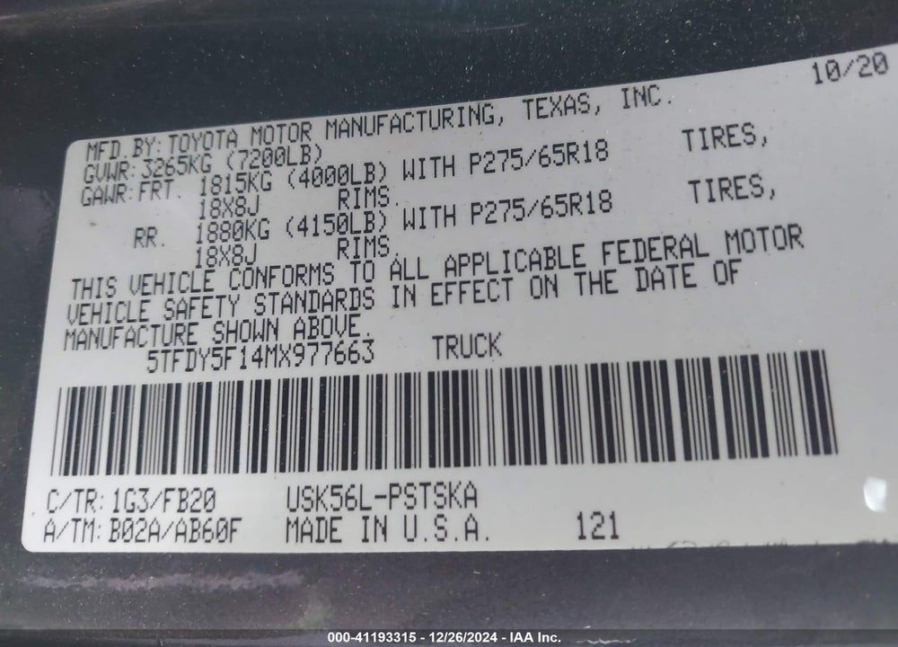 2021 TOYOTA TUNDRA CREWMAX SR5/CREWMAX TRD PRO VIN: 5TFDY5F14MX977663