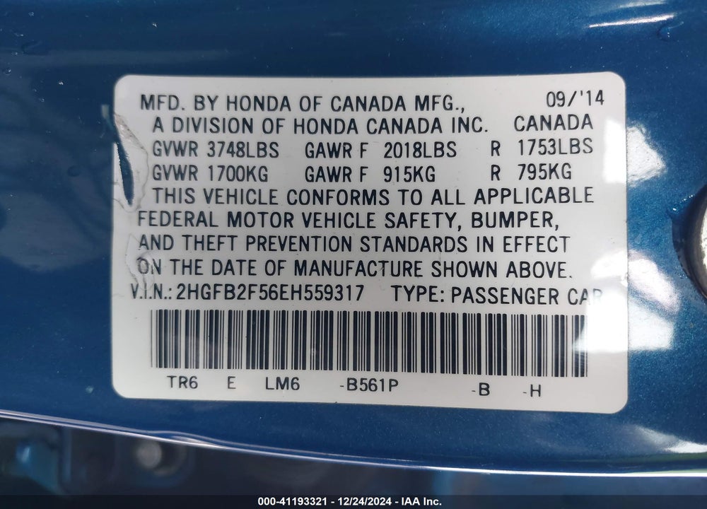 2014 HONDA CIVIC VIN: 2HGFB2F56EH559317