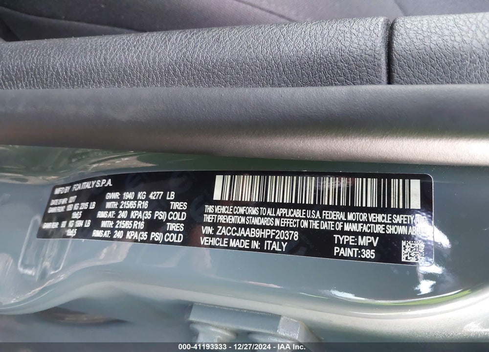 2017 JEEP RENEGADE SPORT FWD VIN: ZACCJAAB9HPF20378