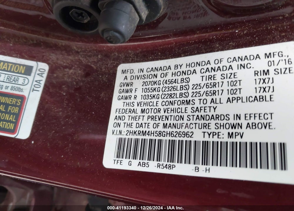 2016 HONDA CR-V EX VIN: 2HKRM4H58GH626962