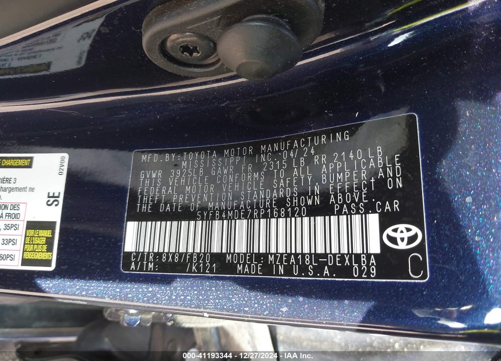2024 TOYOTA COROLLA LE VIN: 5YFB4MDE7RP168120