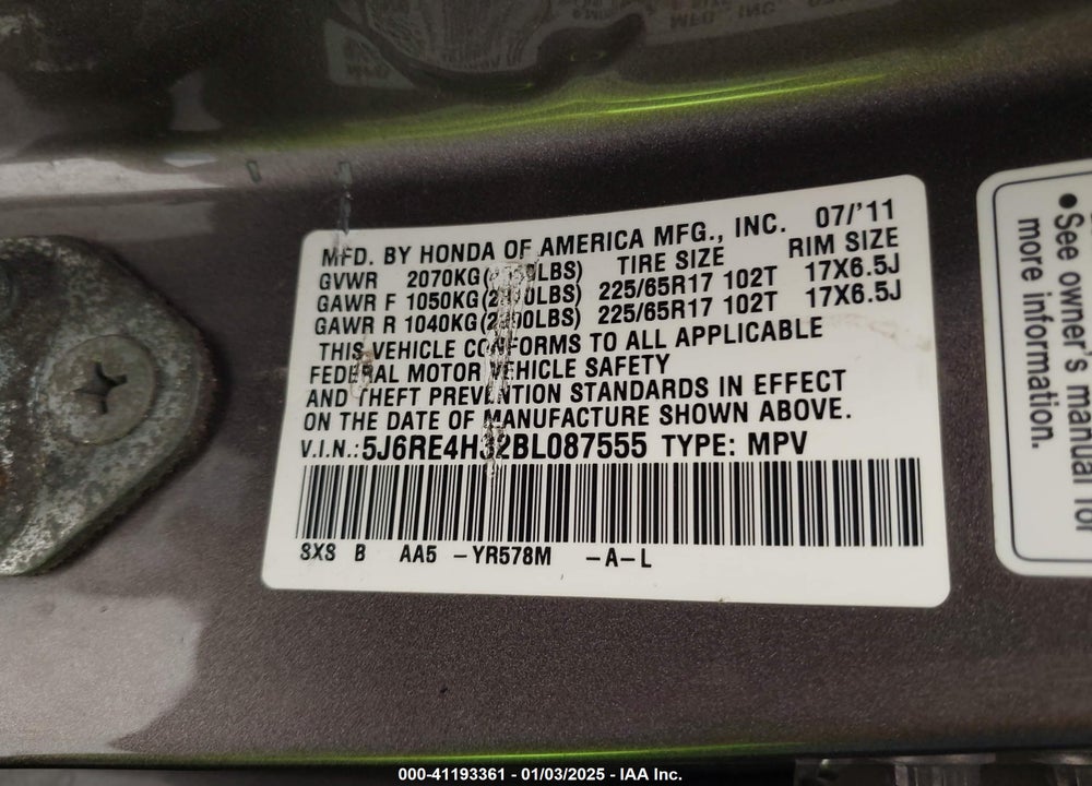 2011 HONDA CR-V LX VIN: 5J6RE4H32BL087555