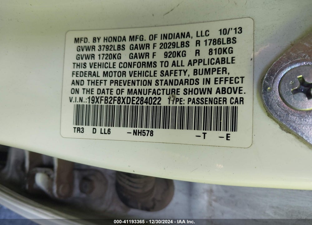 2013 HONDA CIVIC VIN: 19XFB2F8XDE284022