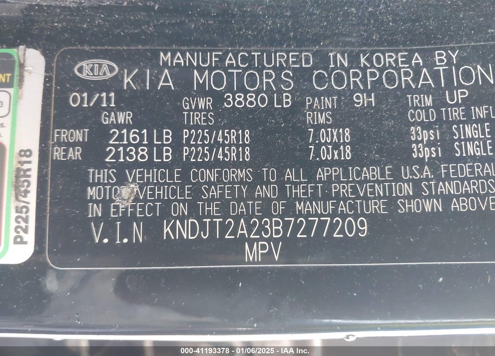 2011 KIA SOUL VIN: KNDJT2A23B7277209