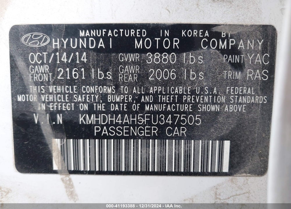 2015 HYUNDAI ELANTRA SPORT VIN: KMHDH4AH5FU347505