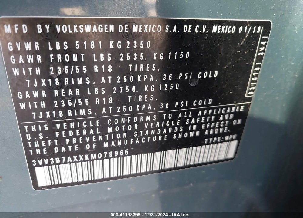 2019 VOLKSWAGEN TIGUAN 2.0T SE/2.0T SEL/2.0T SEL R-LINE/2.0T SEL R-LINE BLACK VIN: 3VV3B7AXXKM079965