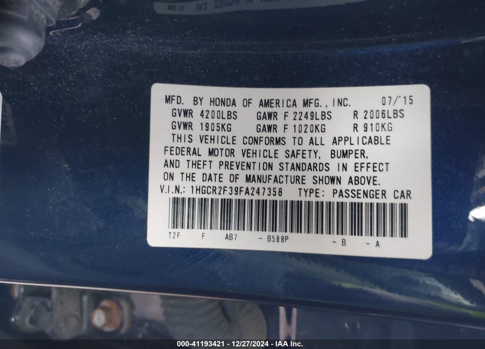 2015 HONDA ACCORD LX VIN: 1HGCR2F39FA247358